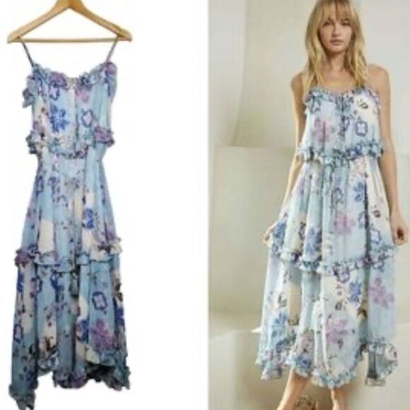Fate Blue Floral Print Ruffle Maxi Dres s Size M - Picture 1 of 13